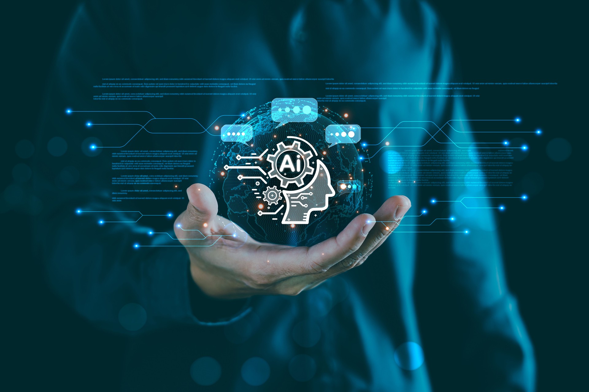 Chatbot Chat with AI tech concept, Businessman using artificial intelligence technology smart robot AI to Service and help customer online, Conversation assistant, Futuristic technology transformation