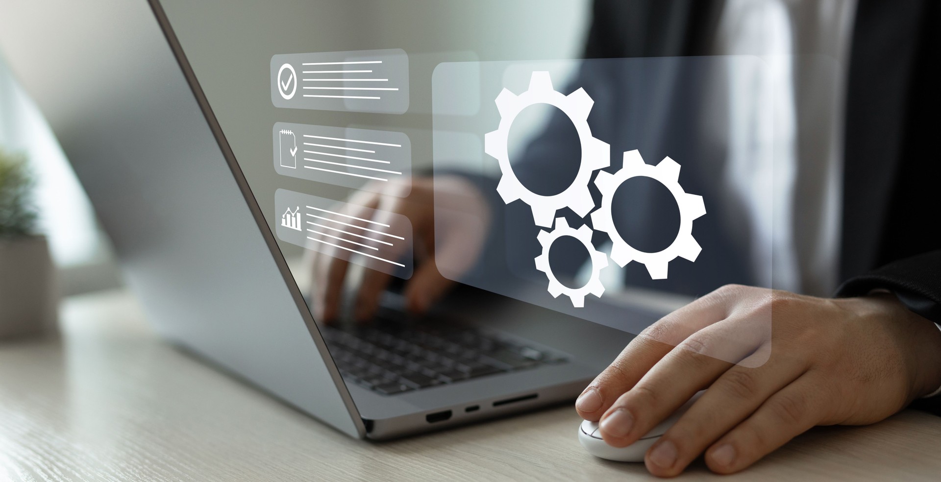 Automated industrial technology with digital transformation.Engineer setting up automated software.Business process optimisation.Robotic process automation or RPA.